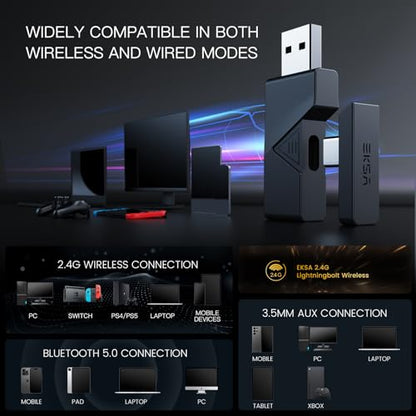 EKSA USB Gaming Headset for PC - Computer Headset with Detachable Noise Cancelling Mic, Surround‑Tuned Audio, 50MM Driver - Headphones with Microphone for PS4/PS5, Xbox One, Laptop, Office (Wireless) - color: Wireless Black