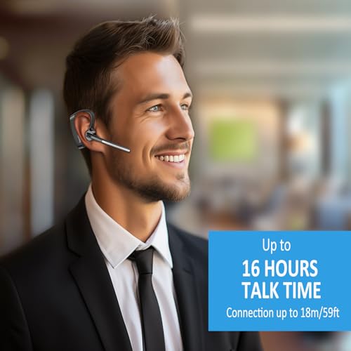 Conambo Bluetooth Headset with Dual Mic Noise Canceling & Mute Button Wireless Earpiece 16 Hrs Talking for Home Office Trucker – Compatible with iPhone Android Phone (K18)