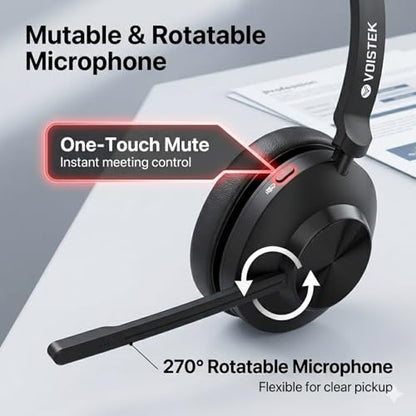 Voistek Wireless Headset with Mic for Work, Mono Bluetooth Computer Headset with USB Dongle, Noise Cancelling Mic, Mute Button, Wireless Business Headset for Zoom, Teams, Call Center, Home Office - color: Deep Black