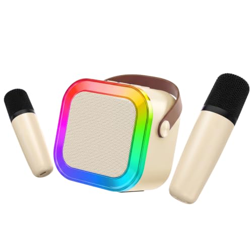 Mini Karaoke Machine for Kids Girls Boys - Birthday Gifts for Ages 4 5 6 7 8+ Year Old - Portable Bluetooth Speaker with 2 Wireless Microphone - Kids' Instrument Accessories - Beige - style: Beige
