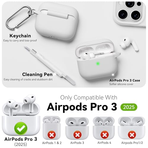 for AirPods Pro 3 Case 2025,Come with Cleaner Kit,White | Silicone Protective Cover for Airpod Pro 3rd Generation Case with Keychain,for Women Men,One-Piece Design,Shockproof - color: D-White