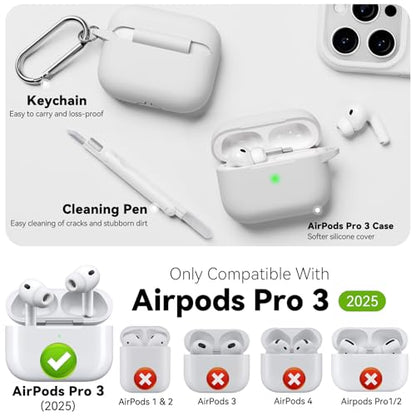 for AirPods Pro 3 Case 2025,Come with Cleaner Kit,White | Silicone Protective Cover for Airpod Pro 3rd Generation Case with Keychain,for Women Men,One-Piece Design,Shockproof - color: D-White