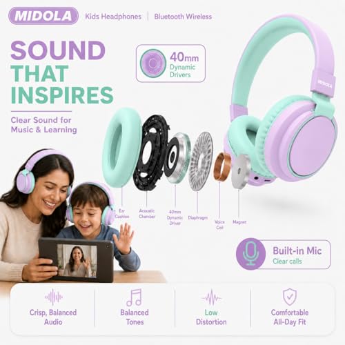 Kids Bluetooth Headphones Wireless 68 Hours,Safe Volume Limit 85/94dB | Adjustable Headband Foldable Over-Ear Lightweight for Toddler Girls Boys Tablet/iPad,HD Stereo,Built-in Mic,Light Purple - color: Light Purple