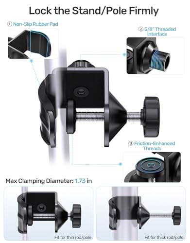 19-In Gooseneck Mic Holder Stand, Clip on Mic Stand with Super Crab Clamp | 5/8-3/8 Adapter, Compatible with Shure, Pyle, Blue Snowball, Razer, Flexible Mic Arm Mount for Music Performance, Sturdy Clip