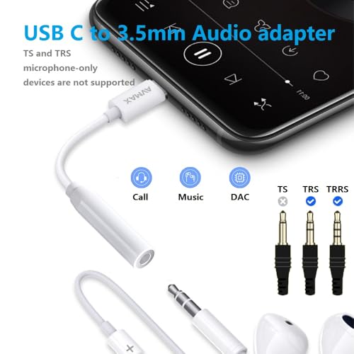 AVMAX USB C to 3.5mm Audio Headphone Adapter HiFi,Type c to Aux Female Cable for 16 15 Plus, S24 S23 S22 S21 S20 and More Type c Devices (Classic White1) - style: Classic White1