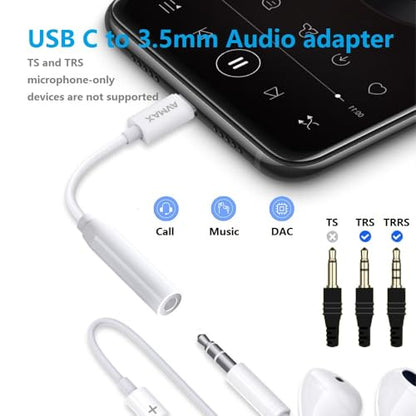 AVMAX USB C to 3.5mm Audio Headphone Adapter HiFi,Type c to Aux Female Cable for 16 15 Plus, S24 S23 S22 S21 S20 and More Type c Devices (Classic White1) - style: Classic White1