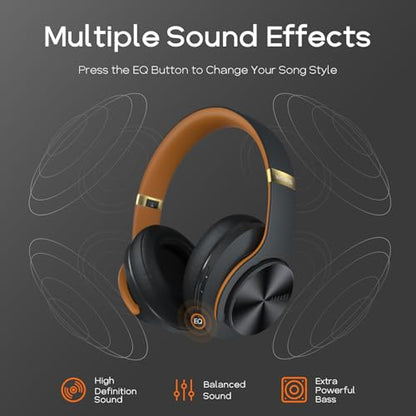 DOQAUS Bluetooth Headphones Over Ear, 90H Playtime, 3EQ Mode, with ENC Mic | Hifi Stereo Sound, Lightweight, Headphones Wireless with Soft Memory Foam Earpads, Deep Bass for Home Office Cellphone PC - color: Brown