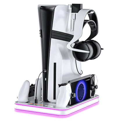 Aurassense PS5 Charging Dock, Cooling Stand with Dual Controller Charger | Compatible with PS5, PS5 Slim and PS5 Pro, featuring cooling fan, dual controller charging and headset storage - color: White
