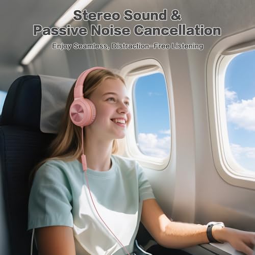 SIMOLIO Manyshare Series- Wired Headphones with Mic & Share Port, Volume Limited, Noise Isolating, Durable Plug in Headphones with Portable Pouch for Kids Girls, School, Travel, Laptop, Tablet (Pink) - color: Barbie Pink 3.5mm