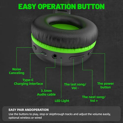 UKELALA U2B ANC Wired & Wireless Bluetooth 6.0 Headphones Foldable with Mic | Up to 30 Hrs Battery, Noise Canceling Foldable Lightweight Head phones with Volume Control‌ for Kids Adult School Black Green - color: Green/Black