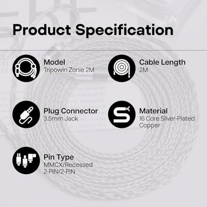Tripowin Zonie 2M 16-Core SPC IEM Replacement Cable with 3.5mm Jack | PVC Jacket, Tangle-Free Braid, Ergonomic Earhooks for Audiophiles, HiFi Extension Cord for Wired Earbuds (Recessed 2Pin) - style: Recessed 2Pin