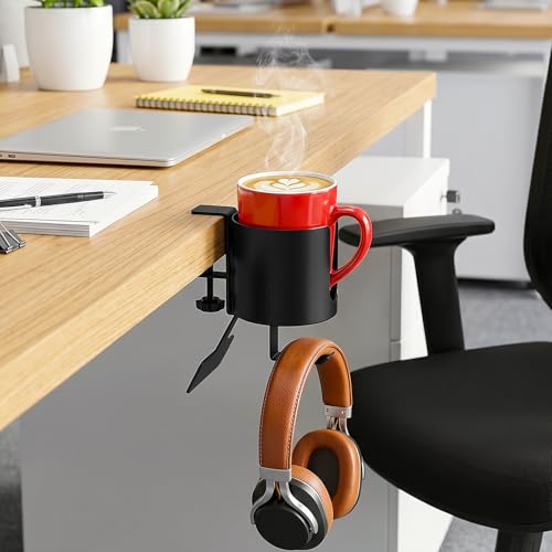 3 in 1 Desk Cup Holder Clamp, Clip On Table Cup Holder with Headphone Hook | Rotatable Water Bottle Drink Coffee Mug Organizer with Power Strip Holder, Gaming Accessories for Home and Office - color: With Power Strip Holder