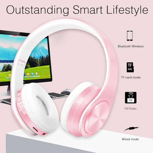 RAT TAIL V5.3 Bluetooth Headphones Over-Ear, Foldable Wireless and Wired Stereo Headset Micro SD/TF, FM for Cell Phone,PC,Soft Earmuffs &Light Weight for Prolonged Wearing (Pink) - color: Pink