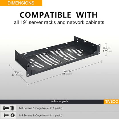 RIVECO 2-Pack 6" 1U Vented Rack Shelf for 19" Server IT Sound Cabinets | lips up or lips down design sturdy alloy steel detachable mounting ears to prevent damage - size: 6"