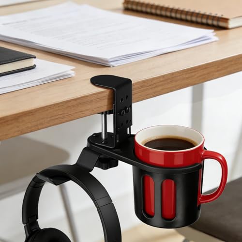 Desk Cup Holder Clamp 2 in 1 Clip On Table Cup Holder with Headphone Hanger | Rotatable Anti-Spill Water Bottle Stand Drink Coffee Mug Storage, Office Accessories for Home and School - color: Black-1 with Headphone Hanger