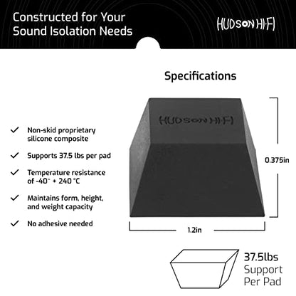 Block Silicone Isolation Feet – 4-Pack Non-Adhesive Subwoofer Isolation Pads w/ 37.5 lbs Capacity – Pads for Small Speakers, Speaker Spikes & Turntable Isolation Pads for Reduced Vibration & Resonance