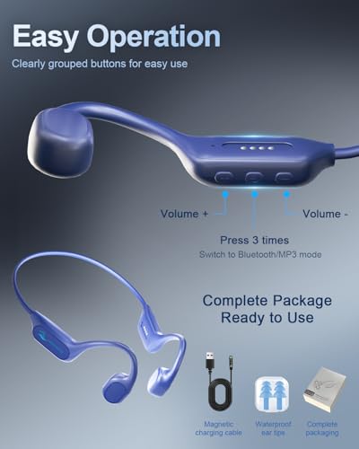 Swimming Headphones Bone Conduction Bluetooth 6.0 IPX8 Waterproof 32G MP3 | Open-ear comfort,clear audio in water,phone-free playlists,secure fit with caps and goggles,stable above-water pairing - color: Navy blue