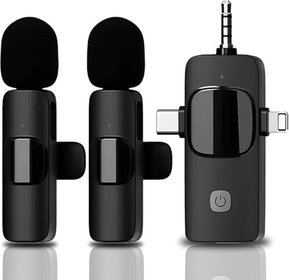 Wireless Lavalier Microphone Dual-Set, 3-in-1 Receiver (Lightning/USB-C/3.5 mm), 2 Clip-On Mics, 20 m Range, Plug-and-Play Audio for iPhone, Android, DSLR, YouTube & Zoom