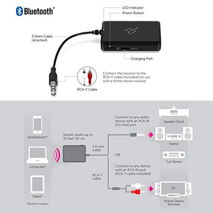Aluratek iStream AIS01F Bluetooth Audio Receiver Adapter w/ Attached Cable for Smart Phone to Home Stereo, Car, Speakers