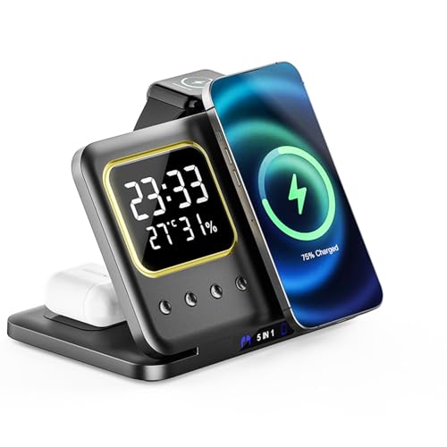 IHAO 5in1 Multi Functional Wireless Charger with Digital Clock 15W Fast Charge Night Light Temperature Display MagSafe Compliant for iPhone iWatch and Qi Headphone-DH13 Black - color: 5IN1 MagSafe Compliant DH13 Black