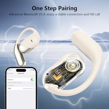 Open Ear Clip Wireless Earbuds Headphones, Bluetooth 5.4, Open Ear Design, Built-in Mic, IPX7 Waterproof, LED Display Charging Case,Ear Hooks Ear Buds Ultra for Fitness/Travel/Gym/Running/workout - color: off-white