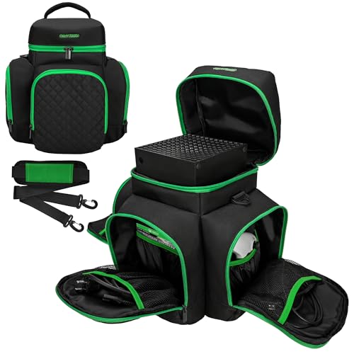 CROTIRAD Carrying Case for Xbox Series X with Multiple Storage Pockets | Water-Resistant Padded Travel Bag with 6 Pouches for Controllers, Headset, Game Discs, Cables, SSDs & Accessories, Green Zip