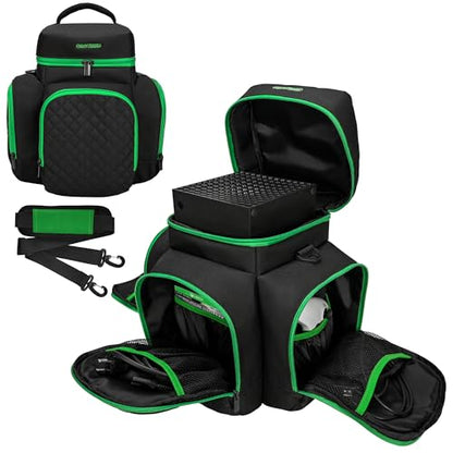 CROTIRAD Carrying Case for Xbox Series X with Multiple Storage Pockets | Water-Resistant Padded Travel Bag with 6 Pouches for Controllers, Headset, Game Discs, Cables, SSDs & Accessories, Green Zip