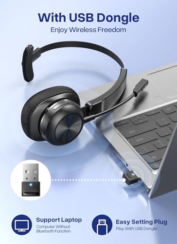 Trucker Bluetooth Headset, Wireless Headset with Microphone | USB Dongle, On Ear Bluetooth Headphones with AI Noise Cancelling 50H Playback Mute Button for Truck Driver Office Work, Black - color: Black
