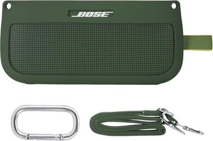 co2CREA Soft Silicone Case for Bose SoundLink Flex Bluetooth Speaker, Green | Adjustable Shoulder Strap, Crossbody Carrying, Aluminum Carabiner, Lightweight - color: Cypress Green Case