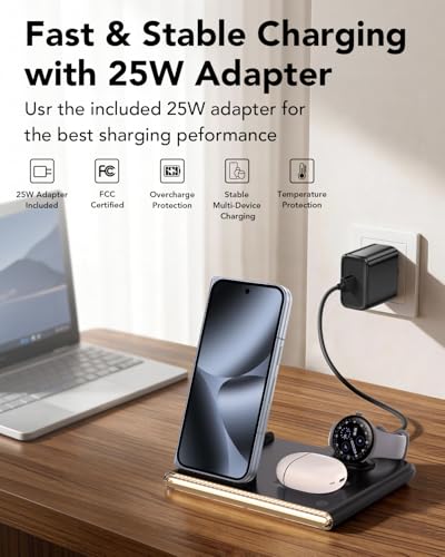 3 in 1 Wireless Charging Station with Night Light for Google Pixel Watch 4 | Google Wireless Charger for Pixel 10, Night Light Charging Dock, Travel Pixel Phone Charger Stand(Only for Google Watch 4) - color: Black