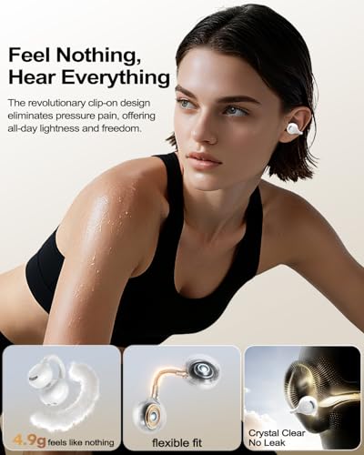 kurdene Wireless Open Ear Earbuds,Ultra Comfort Open Ear Clip Wireless Ear Buds, Lightweight Headphones, 30H Play, Bluetooth 6.0 Immersive Audio Earphones Fit Sports Running Working, White