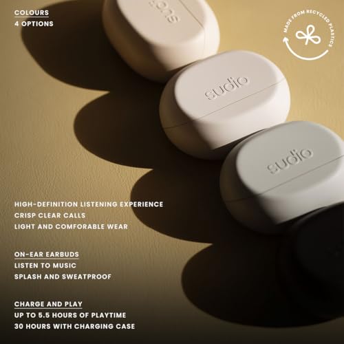 Sudio N3 True Wireless Bluetooth On-Ear Earbuds – High-Definition Sound, 30-Hour Playtime, Clear Calls, Sweat & Splash Resistant, Eco-Friendly Recycled Plastics (White) - color: White