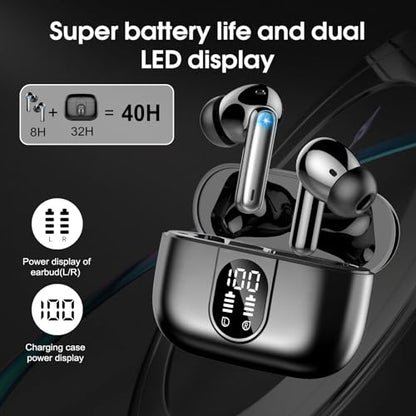 Csasan Wireless Earbuds Bluetooth 5.3 Headphones, 40H Playtime in-Ear Earphones, Mini Bluetooth Earbuds with ENC Noise Cancelling Mic, Deep Bass Stereo Ear Buds, LED Display, IPX7 Waterproof Earphones - color: Black