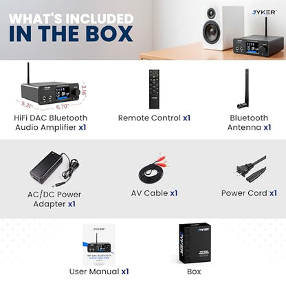 Jyker Hi-Fi DAC Stereo Amplifier w/Bluetooth 5.2-2 Channel Class D TPA3116 x2 ES9023 Audio Amp for Passive Speakers, AUX/SUB Outputs, Opt/USB/MIC/RCA Inputs, Bass Treble Echo, Colored LCD (400, Watts)