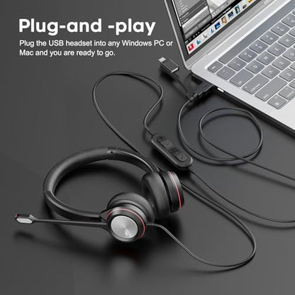 MKJ Noise Canceling USB Headset with Microphone, Wired Computer Headphone | USB-A/USB-C, Call Center & Office Headset, Plug & Play for PC/Laptop, Inline Volume Control, Compatible with Teams/Zoom/Webex