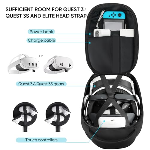 BnLnHOGVR Carrying Case for Meta Quest 3S/Quest 3/Quest 2/Pimax Dream Air VR Headset, Controller, BOBOVR S3 Pro/Kiwi Design Head Strap, Hard Sling Travel Bag for Extra Accessories with Lens Cover