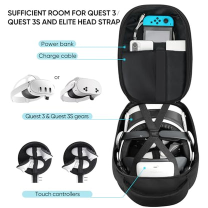 BnLnHOGVR Carrying Case for Meta Quest 3S/Quest 3/Quest 2/Pimax Dream Air VR Headset, Controller, BOBOVR S3 Pro/Kiwi Design Head Strap, Hard Sling Travel Bag for Extra Accessories with Lens Cover