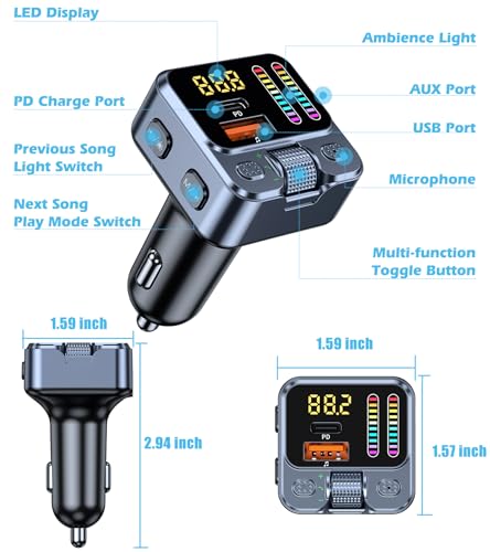 Bluetooth 5.3 Car Adapter with FM Transmitter 42W PD Fast Charging | Bluetooth AUX USB Music Receiver HandsFree Calls, Beat Sync LED Lights for Car Stereo, Compatible with 12V-24V Vehicles