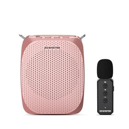 ZOWEETEK Wireless Voice Amplifier with Lavalier Mic for Teachers | Lapel Clip Mic, Portable Speaker, Mini Design, for Speech, Meeting, Yoga, Classroom, Rechargeable - color: Rose gold