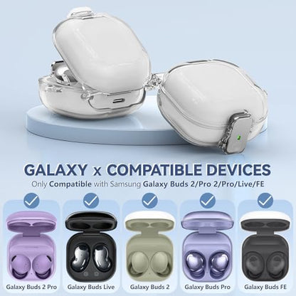 Inesore Case for Samsung Galaxy Buds FE/Buds 2/Pro/Live (Clear) | Safety Lock Design Prevents Loss, Clear Anti-Yellow PC Shell, 3-in-1 Cleaning Tool, Metal Clasp, Silicone Lanyard - color: A8-Clear+Bi