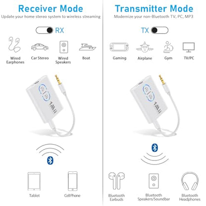 1Mii Bluetooth Transmitter Receiver for TV/Airplane to Headphones, Bluetooth 5.3 AUX/RCA Audio Adapter with aptX Adaptive/Low Latency/HD Audio, Dual Link, Wireless Receiver for Home Stereo, Boat, Gym - color: White