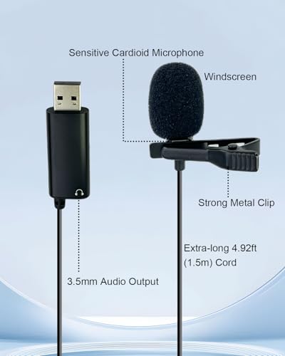 USB A Lavalier Microphone with 3.5mm Headphone Jack, 1.5M | Omnidirectional Computer Lapel Clip Mic for Windows PC Laptop for YouTube, Recording, Gaming, Streaming, Podcasting