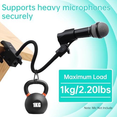 Gooseneck Mic Stand,Flexible Arm Desk Clamp for Streaming Podcast Studio | Heavy Duty Steel hold 2.2LB,Easy Adjust,Clamp fits desk/pole/shef 0.6-1.93" thick. mic clip+2 adapters.For mic up to 1.2"