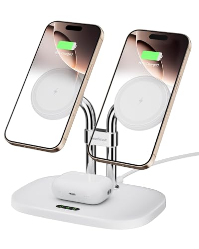 Dual Wireless Charger for iPhone 17, SwanScout 706M, White | Dual Magnetic Charger for iPhone Air/16/15/14/13/12 Series, Charging Station for AirPods Pro 3/2, AirPods 4/3 - color: White