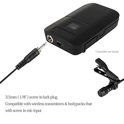 Lavalier Microphone Lapel Microphone Compatible with Wireless Transmitter - Unidirectional Condenser Mic - 3.5mm Screw Lock Plug