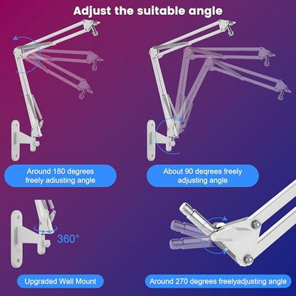White Mic Wall Mount and Microphone Boom Arm Desktop Clamp Stand compatible with Shure FIFINE Blue Yeti,Razer,HyperX Mic Kit for Broadcasting, Podcasts,Streaming and Gaming