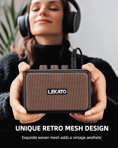 LEKATO Mini Guitar Amplifier, Dual Speakers 5W, Rechargeable Electric Guitar Amp Bluetooth with Clean Overdrive, 6H Working, Headphone Jack, Portable Small Amp for Practice AG-04 (Brown) - color: Brown