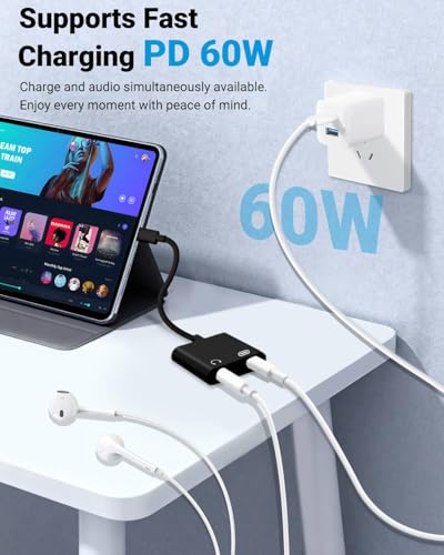 Seulliya USB C to 3.5mm Headphone Jack and Charger Adapter, 2-in-1 Audio & Fast Charging Splitter for Apple iPhone 17/16/15/Pro/Pro Max, iPad, Samsung, Pixel, and More 1Pack Black - color: Black