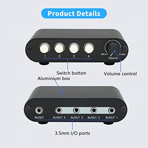 4-Way 3.5mm Stereo Audio Switch input Signal Source Switcher Selector Splitter Box with line volume controller (4 in 1 out / 1 in 4 out) -MC41 - color: 4-port 3.5mm Switch with volume