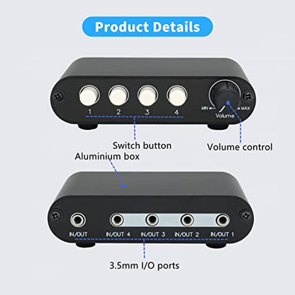 4-Way 3.5mm Stereo Audio Switch input Signal Source Switcher Selector Splitter Box with line volume controller (4 in 1 out / 1 in 4 out) -MC41 - color: 4-port 3.5mm Switch with volume